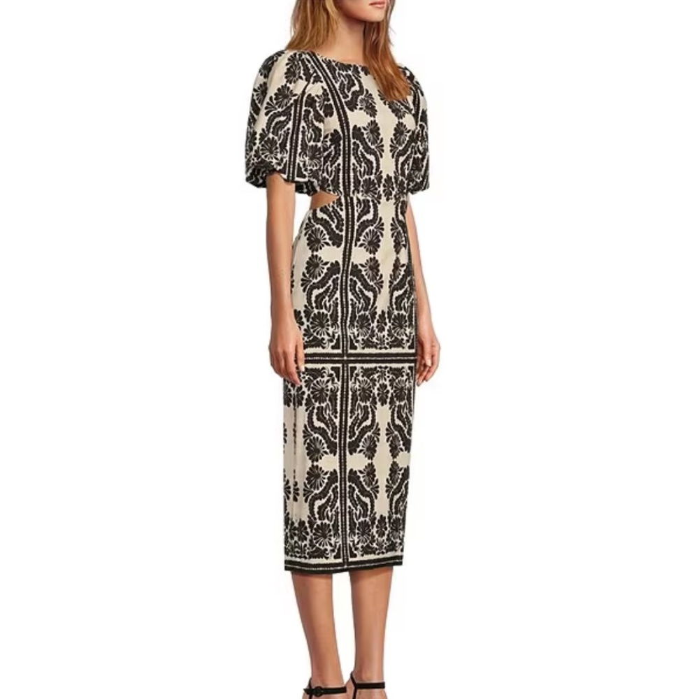 Black and Cream Patterned Midi Dress with Bowtie Back